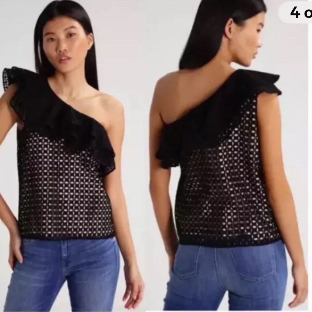 NWT J. Crew One Shoulder Eyelet Top‎ in Black.